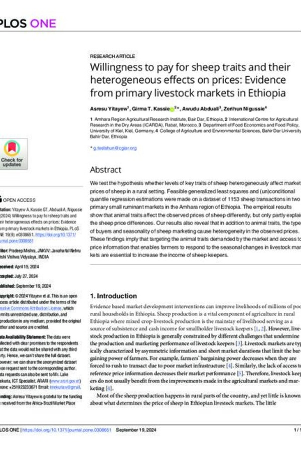 Willingness to pay for sheep traits and their heterogeneous effects on prices: Evidence from primary livestock markets in Ethiopia Willingness to pay for sheep traits and their heterogeneous effects on prices: Evidence from primary livestock markets in Ethiopia