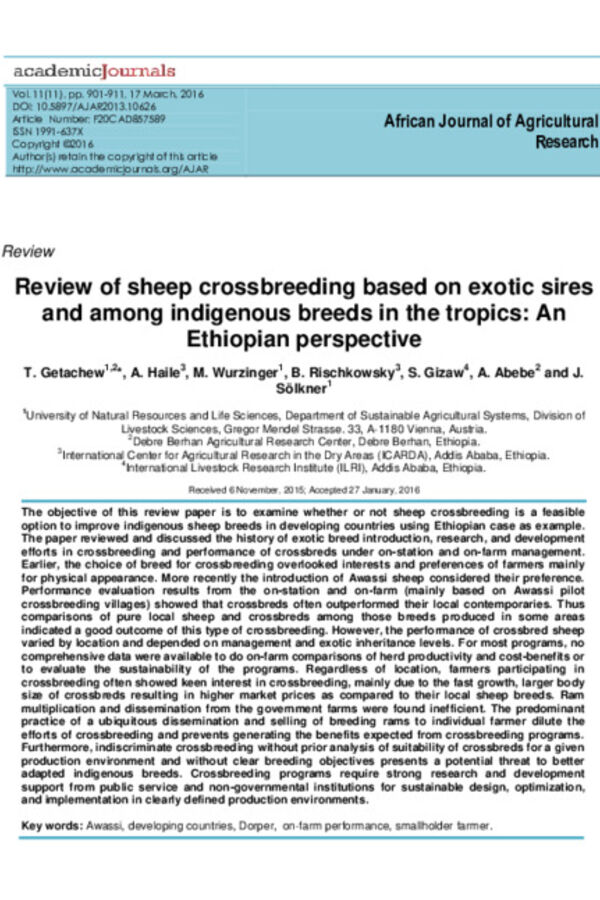 Review of sheep crossbreeding based on exotic sires and among indigenous breeds in the tropics: An Ethiopian perspective Review of sheep crossbreeding based on exotic sires and among indigenous breeds in the tropics: An Ethiopian perspective
