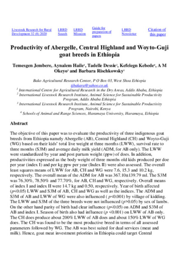 Productivity of Abergelle, Central Highland and Woyto-Guji goat breeds in Ethiopia Productivity of Abergelle, Central Highland and Woyto-Guji goat breeds in Ethiopia