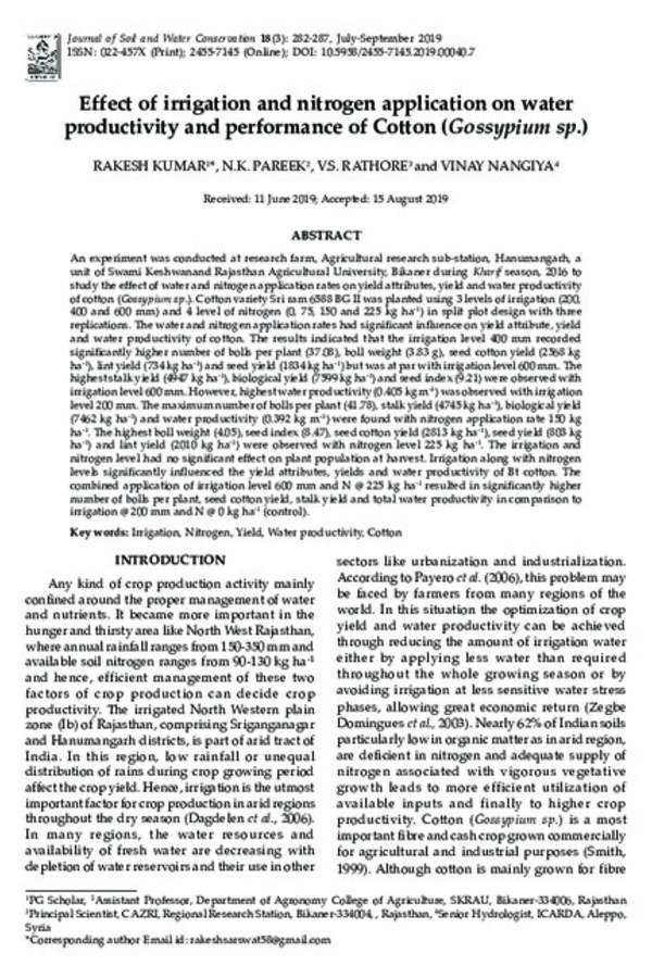 Effect of irrigation and nitrogen application on water productivity and performance of Cotton (Gossypium sp.) Effect of irrigation and nitrogen application on water productivity and performance of Cotton (Gossypium sp.)