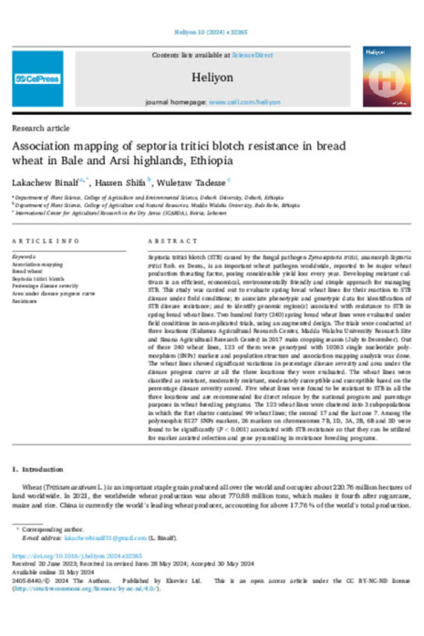 Association mapping of septoria tritici blotch resistance in bread wheat in Bale and Arsi highlands, Ethiopia Association mapping of septoria tritici blotch resistance in bread wheat in Bale and Arsi highlands, Ethiopia