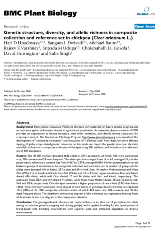 Genetic structure, diversity, and allelic richness in composite collection and reference set in chickpea (Cicer arietinum L.) Genetic structure, diversity, and allelic richness in composite collection and reference set in chickpea (Cicer arietinum L.)