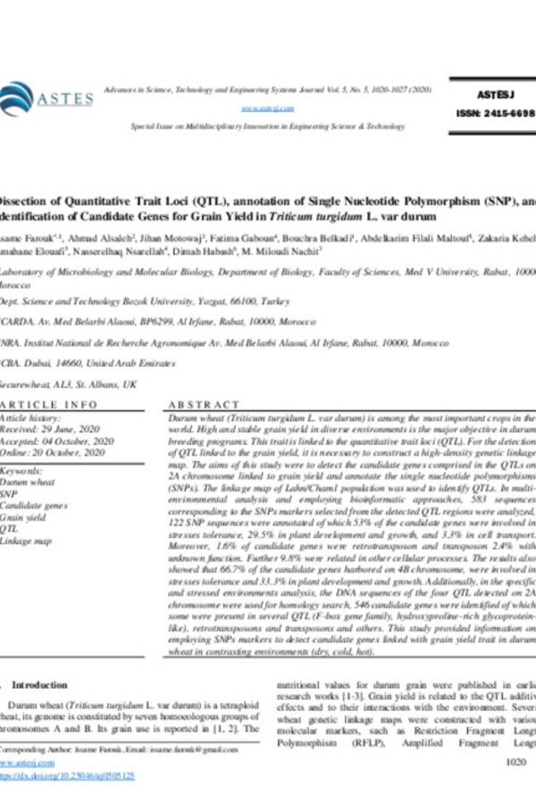 Dissection of Quantitative Trait Loci (QTL), annotation of Single Nucleotide Polymorphism (SNP), and Identification of Candidate Genes for Grain Yield in Triticum turgidum L. var