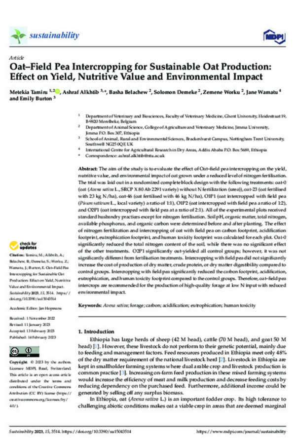 Oat–Field Pea Intercropping for Sustainable Oat Production: Effect on Yield, Nutritive Value and Environmental Impact