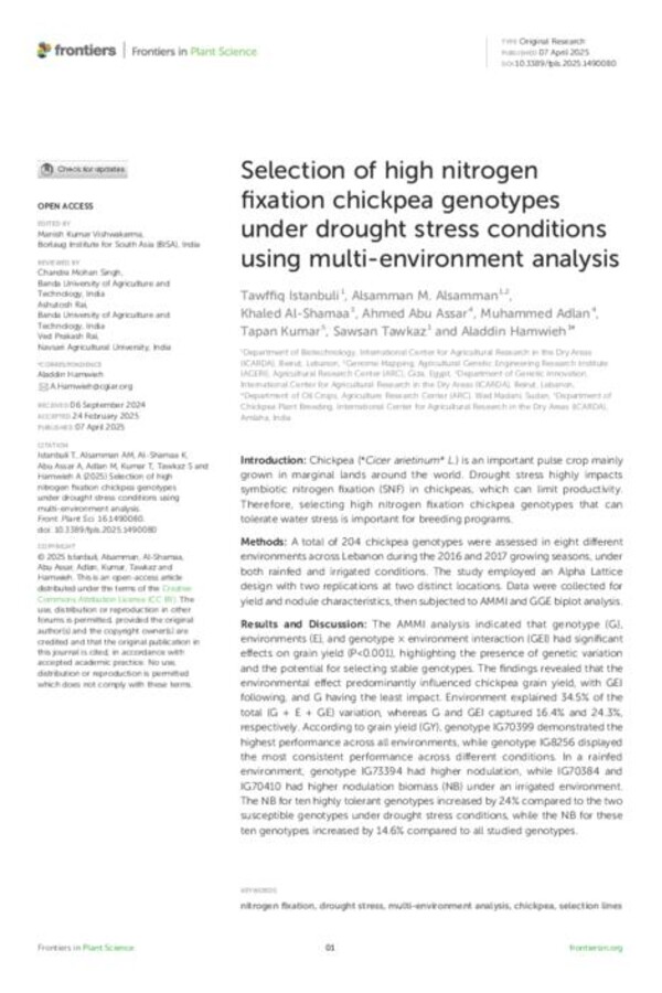 Selection of high nitrogen fixation chickpea genotypes under drought stress conditions using multi-environment analysis