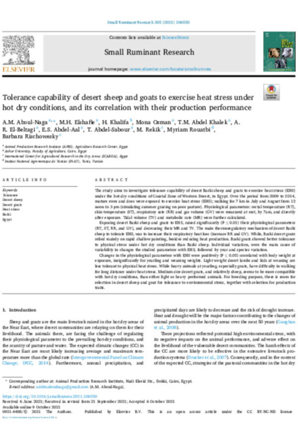 Tolerance capability of desert sheep and goats to exercise heat stress under hot dry conditions, and its correlation with their production performance