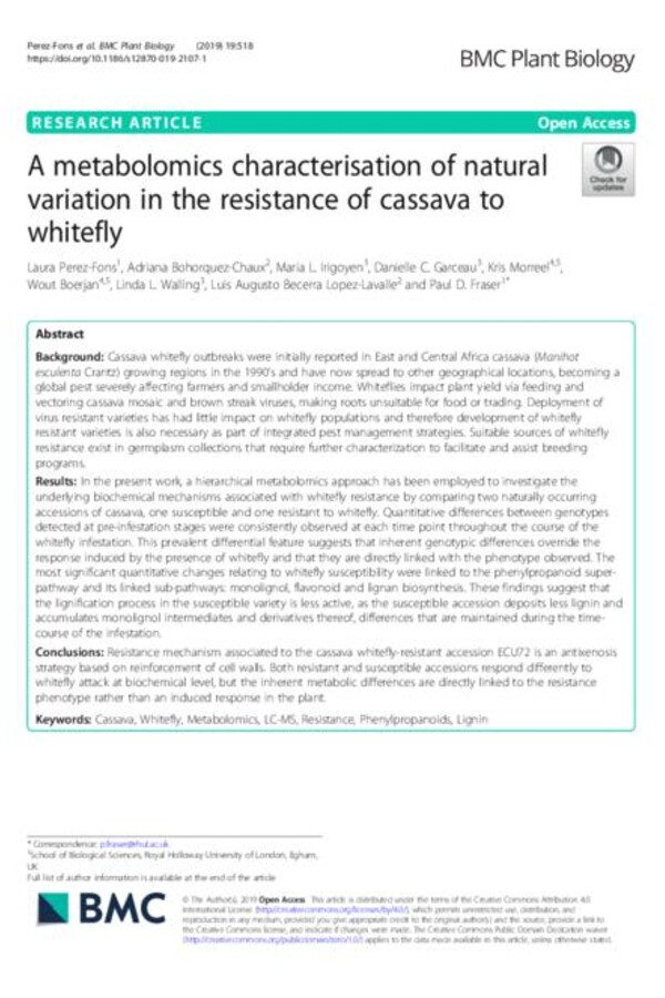 A metabolomics characterisation of natural variation in the resistance of cassava to whitefly
