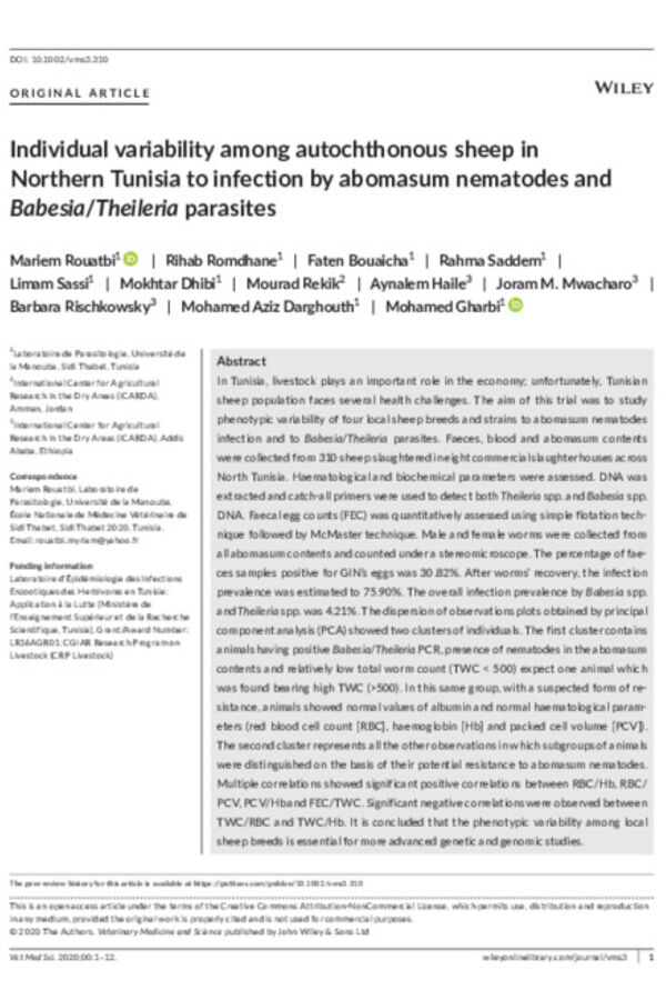 Individual variability among autochthonous sheep in Northern Tunisia to infection by abomasum nematodes and Babesia/Theileria parasites