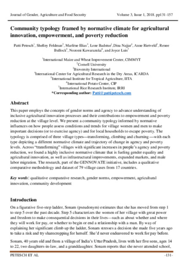 Community typology framed by normative climate for agricultural innovation, empowerment, and poverty reduction