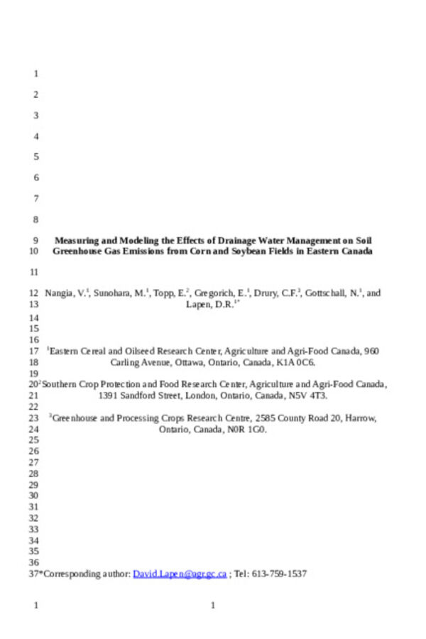 Measuring and modeling the effects of drainage water management on soil greenhouse gas fluxes from corn and soybean fields Measuring and modeling the effects of drainage water management on soil greenhouse gas fluxes from corn and soybean fields