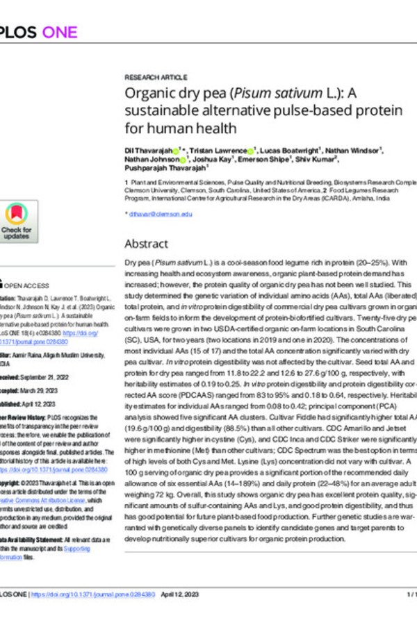 Organic dry pea (Pisum sativum L.): A sustainable alternative pulse-based protein for human health Organic dry pea (Pisum sativum L.): A sustainable alternative pulse-based protein for human health