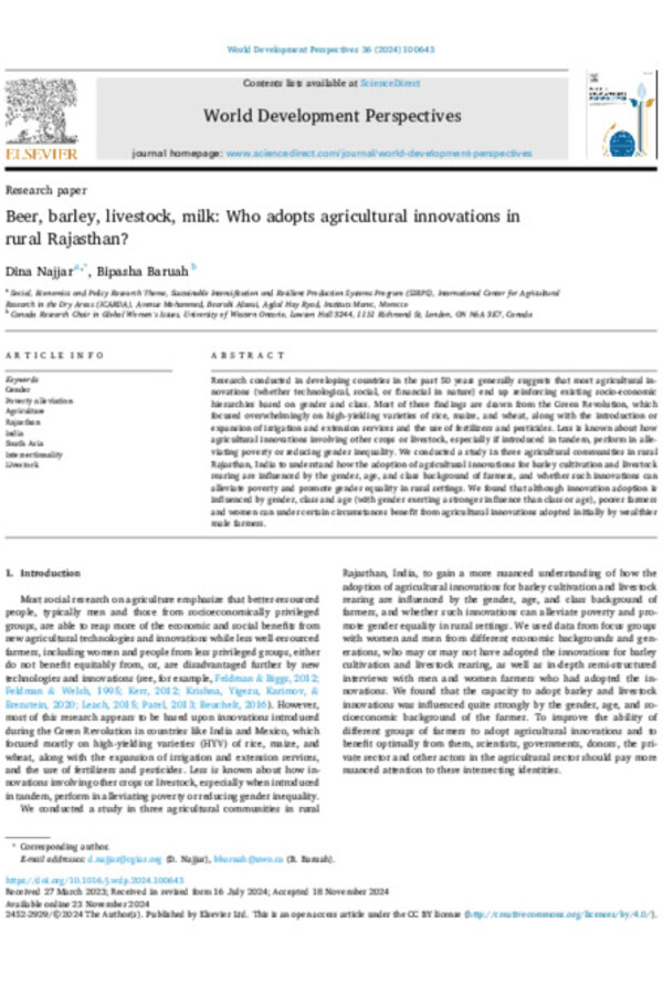 Beer, barley, livestock, milk: Who adopts agricultural innovations in  rural Rajasthan?