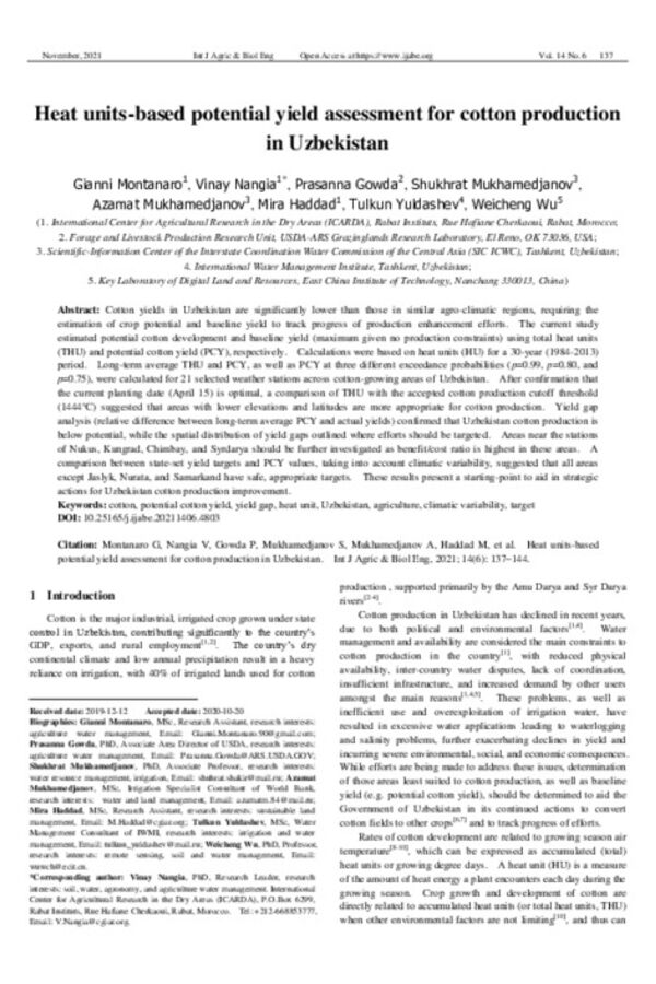 Heat units-based potential yield assessment for cotton production in Uzbekistan Heat units-based potential yield assessment for cotton production in Uzbekistan