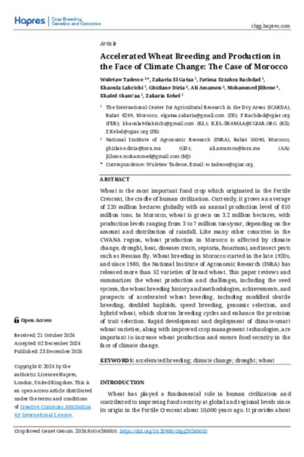 Accelerated Wheat Breeding and Production in the Face of Climate Change: The Case of Morocco Accelerated Wheat Breeding and Production in the Face of Climate Change: The Case of Morocco