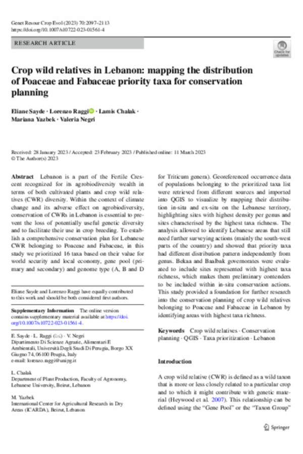 Crop wild relatives in Lebanon: mapping the distribution of Poaceae and Fabaceae priority taxa for conservation planning