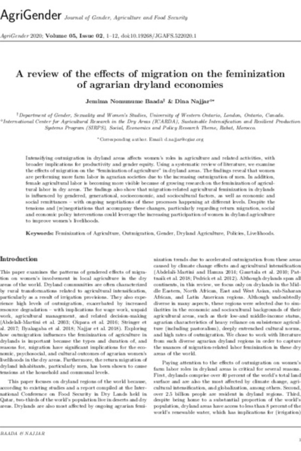 A review of the effects of migration on the feminization of agrarian dryland economies