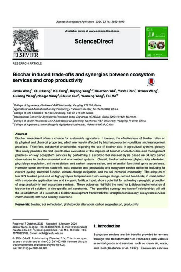 Biochar induced trade-offs and synergies between ecosystem services and crop productivity Biochar induced trade-offs and synergies between ecosystem services and crop productivity