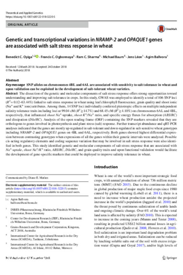 Genetic and transcriptional variations in NRAMP‑2 and OPAQUE1 genes are associated with salt stress response in wheat. Genetic and transcriptional variations in NRAMP‑2 and OPAQUE1 genes are associated with salt stress response in wheat.