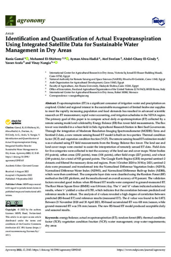 Identification and Quantification of Actual Evapotranspiration Using Integrated Satellite Data for Sustainable Water Management in Dry Areas Identification and Quantification of Actual Evapotranspiration Using Integrated Satellite Data for Sustainable Water Management in Dry Areas