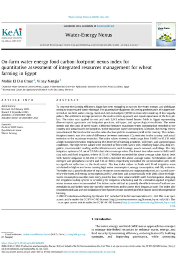 On-farm water energy food carbon-footprint nexus index for quantitative assessment of integrated resources management for wheat farming in Egypt