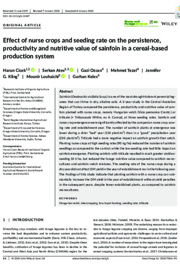Effect of nurse crops and seeding rate on the persistence, productivity and nutritive value of sainfoin in a cereal-based production system
