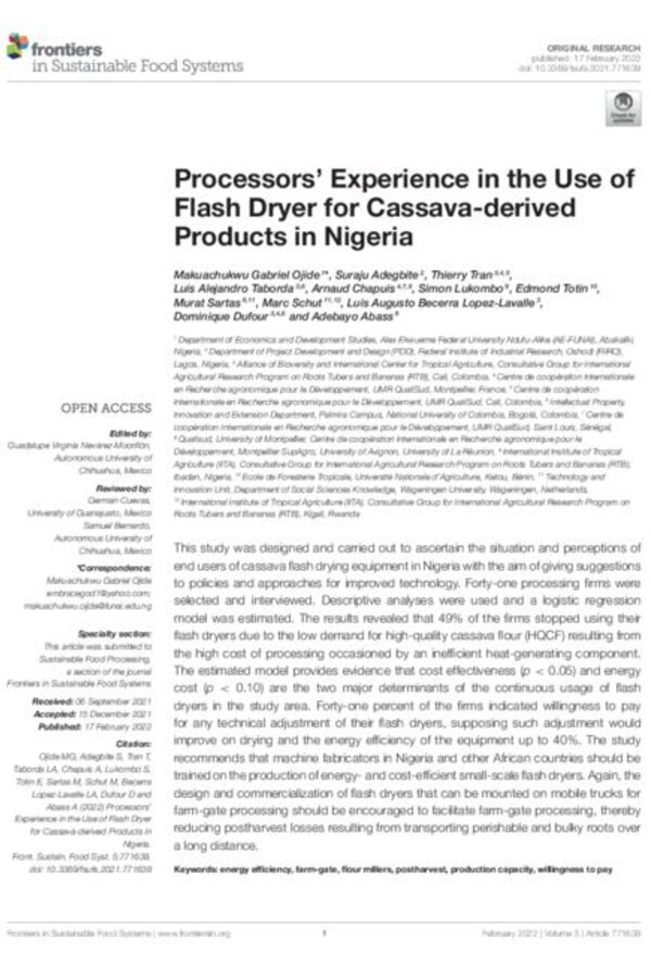 Processors' Experience in the Use of Flash Dryer for Cassava-derived Products in Nigeria