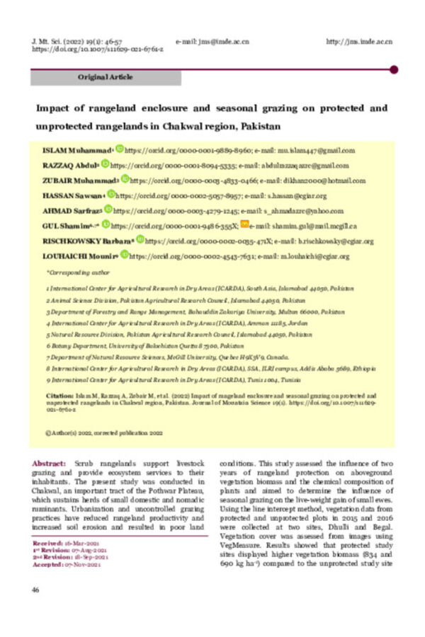 Impact of rangeland enclosure and seasonal grazing on protected and unprotected rangelands in Chakwal region, Pakistan Impact of rangeland enclosure and seasonal grazing on protected and unprotected rangelands in Chakwal region, Pakistan