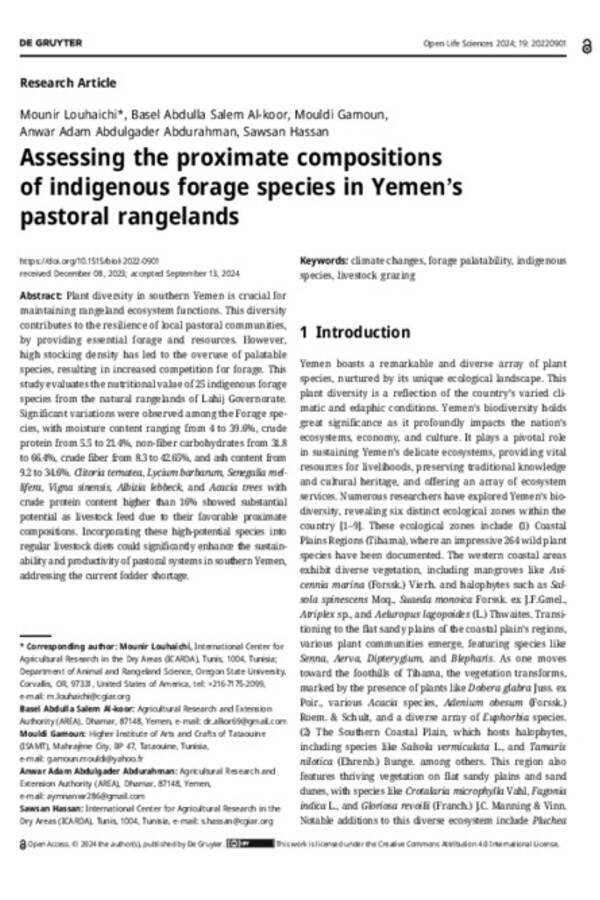 Assessing the proximate compositions of indigenous forage species in Yemen’s pastoral rangelands Assessing the proximate compositions of indigenous forage species in Yemen’s pastoral rangelands