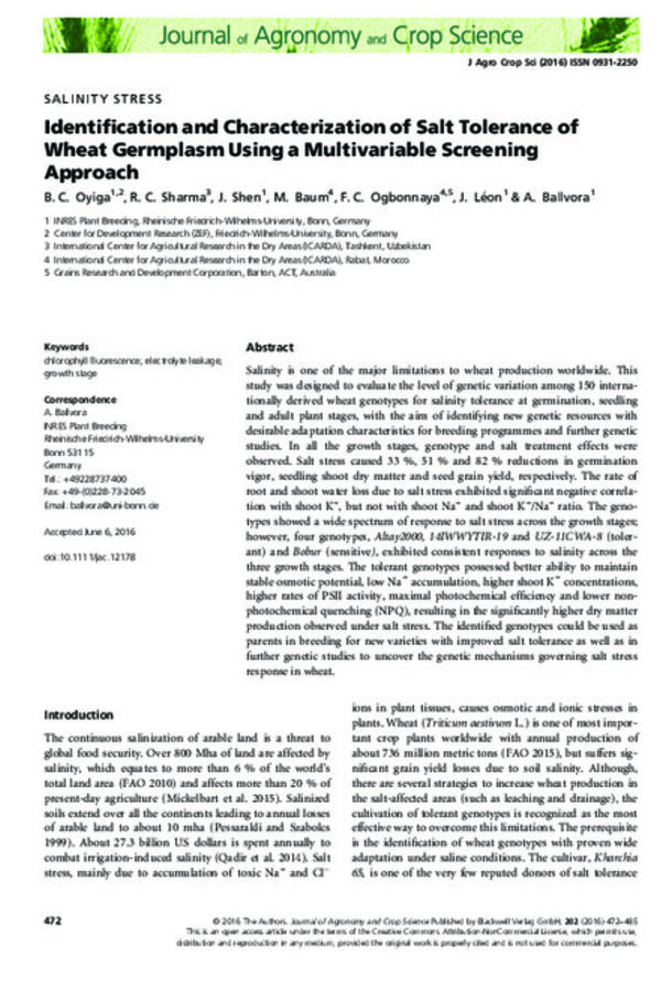 Identification and Characterization of Salt Tolerance of Wheat Germplasm Using a Multivariable Screening Approach