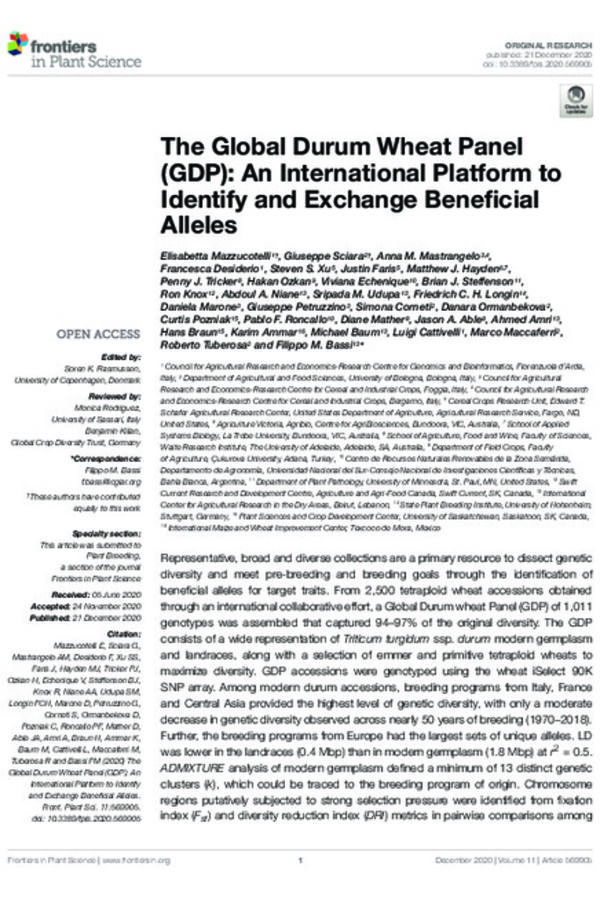 The Global Durum Wheat Panel (GDP): An International Platform to Identify and Exchange Beneficial Alleles The Global Durum Wheat Panel (GDP): An International Platform to Identify and Exchange Beneficial Alleles