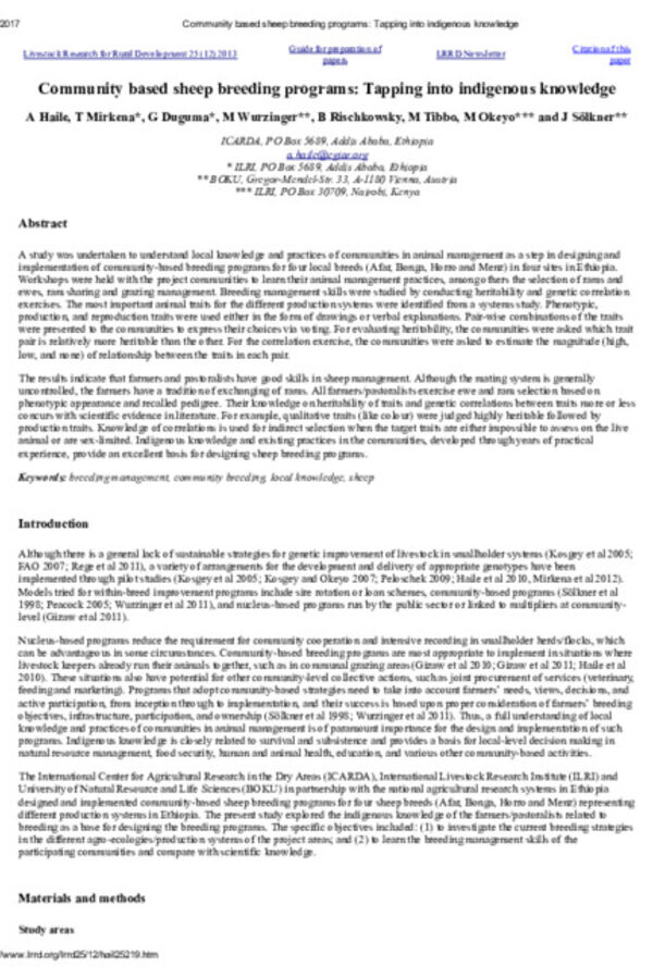 Community based sheep breeding programs: Tapping into indigenous knowledge Community based sheep breeding programs: Tapping into indigenous knowledge