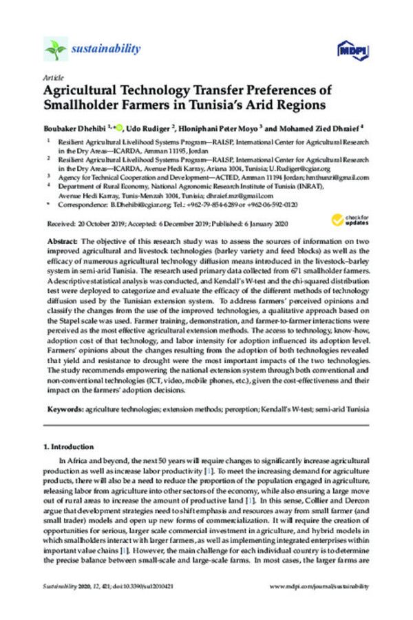 Agricultural Technology Transfer Preferences of Smallholder Farmers in Tunisia’s Arid Regions Agricultural Technology Transfer Preferences of Smallholder Farmers in Tunisia’s Arid Regions