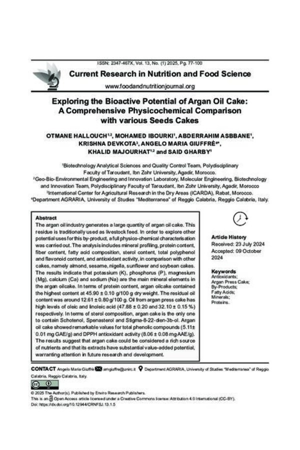 Exploring the Bioactive Potential of Argan Oil Cake: A Comprehensive Physicochemical Comparison with various Seeds Cakes Exploring the Bioactive Potential of Argan Oil Cake: A Comprehensive Physicochemical Comparison with various Seeds Cakes