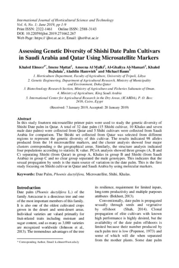 Assessing Genetic Diversity of Shishi Date Palm Cultivars in Saudi Arabia and Qatar Using Microsatellite Markers
