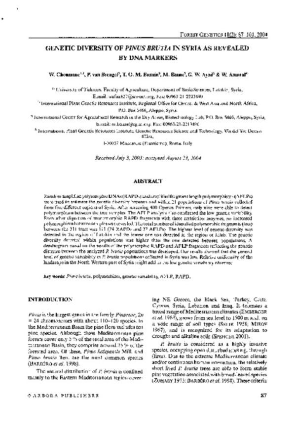 Genetic diversity of Pinus brutia in Syria as revealed by DNA markers