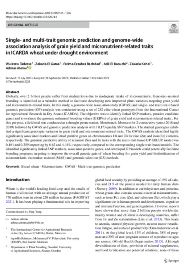 Single- and multi-trait genomic prediction and genome-wide association analysis of grain yield and micronutrient-related traits in ICARDA wheat under drought environment