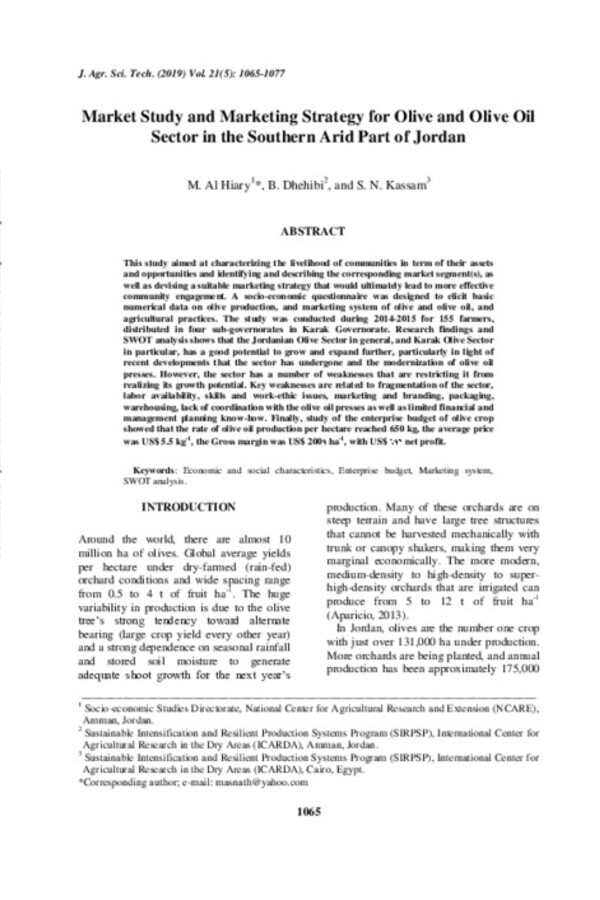 Market Study and Marketing Strategy for Olive and Olive Oil Sector in the Southern Arid Part of Jordan Market Study and Marketing Strategy for Olive and Olive Oil Sector in the Southern Arid Part of Jordan