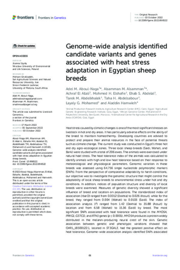 Genome-wide analysis identified candidate variants and genes associated with heat stress adaptation in Egyptian sheep breeds