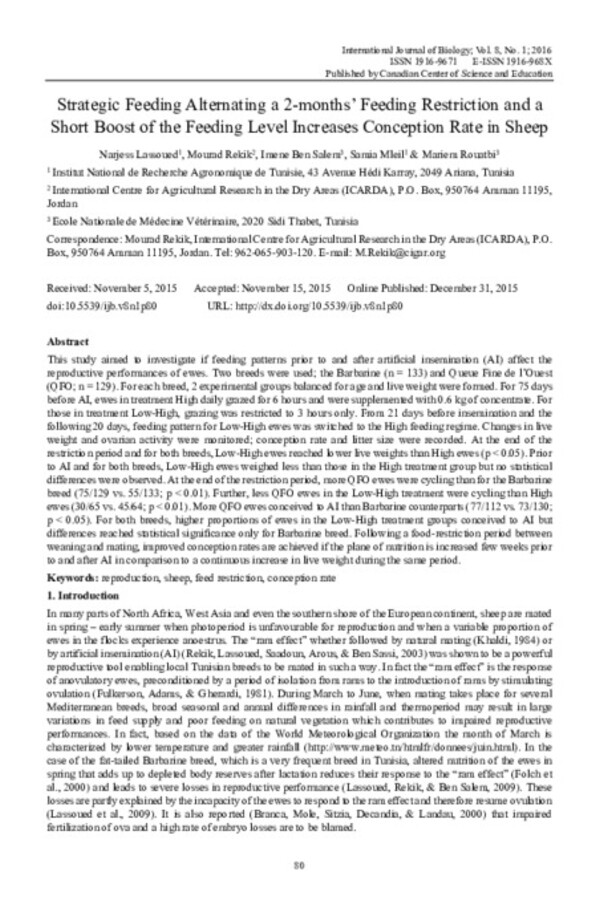 Strategic Feeding Alternating a 2-months’ Feeding Restriction and a Short Boost of the Feeding Level Increases Conception Rate in Sheep