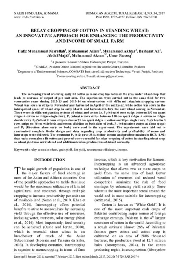 Relay Cropping of Cotton in Standing Wheat: An Innovative Approach for Enhancing the productivity and income of Small Farm 