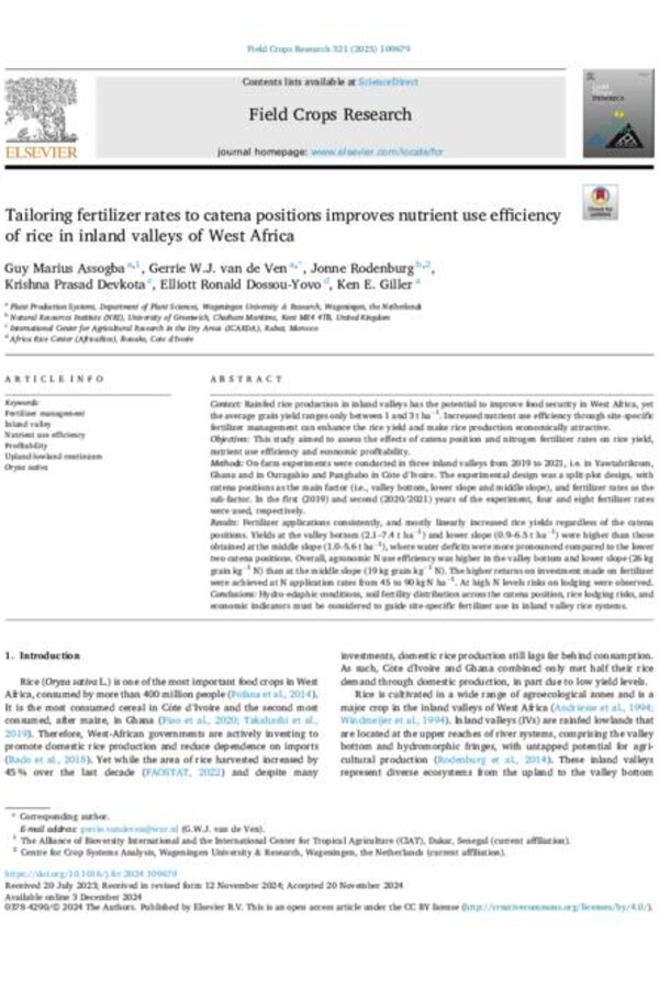 Tailoring fertilizer rates to catena positions improves nutrient use efficiency of rice in inland valleys of West Africa Tailoring fertilizer rates to catena positions improves nutrient use efficiency of rice in inland valleys of West Africa