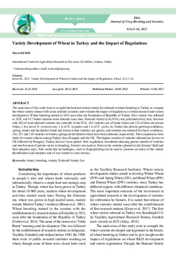 Variety Development of Wheat in Turkey and the Impact of Regulations