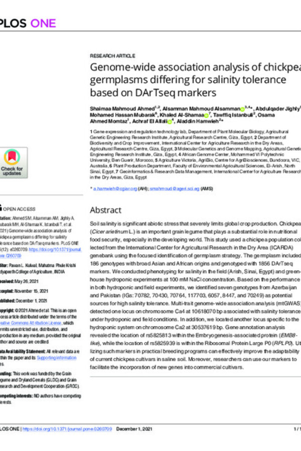 Genome-wide association analysis of chickpea germplasms differing for salinity tolerance based on DArTseq markers