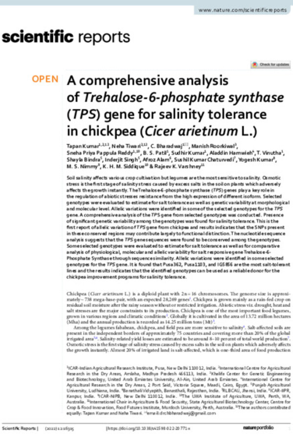 A comprehensive analysis of Trehalose-6-phosphate synthase (TPS) gene for salinity tolerance in chickpea (Cicer arietinum L.)