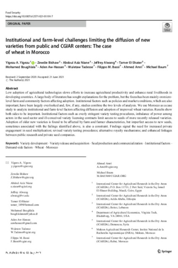 Institutional and farm-level challenges limiting the diffusion of new varieties from public and CGIAR centers: The case of wheat in Morocco