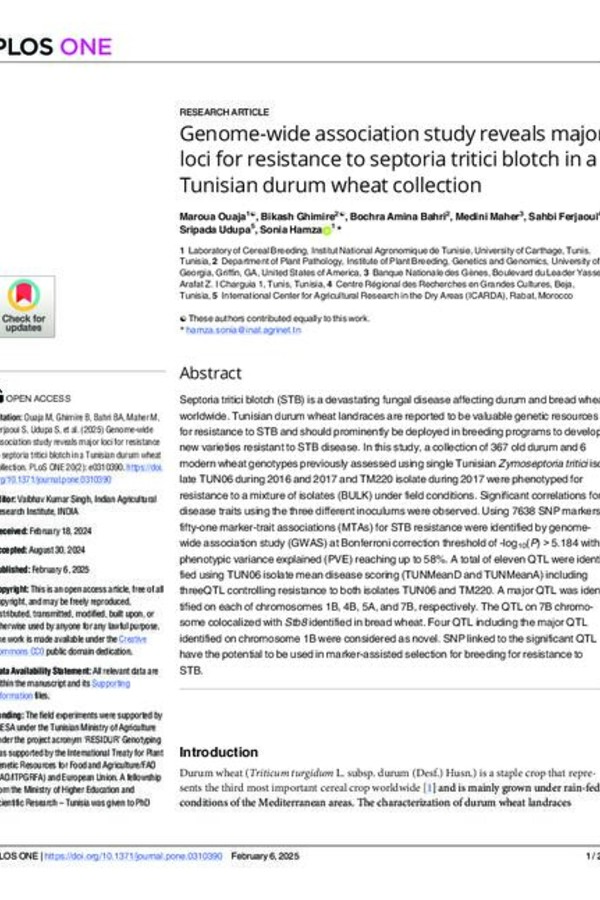 Genome-wide association study reveals major loci for resistance to septoria tritici blotch in a Tunisian durum wheat collection Genome-wide association study reveals major loci for resistance to septoria tritici blotch in a Tunisian durum wheat collection