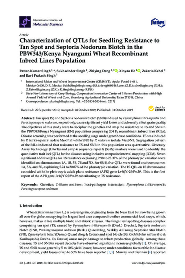 Characterization of QTLs for Seedling Resistance to Tan Spot and Septoria Nodorum Blotch in the PBW343/Kenya Nyangumi Wheat Recombinant Inbred Lines Population