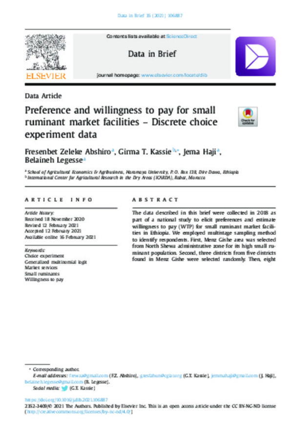 Preference and willingness to pay for small ruminant market facilities – Discrete choice experiment data