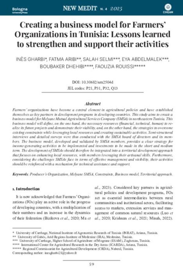 Creating a business model for Farmers’ Organizations in Tunisia: Lessons learned to strengthen and support their activities Creating a business model for Farmers’ Organizations in Tunisia: Lessons learned to strengthen and support their activities