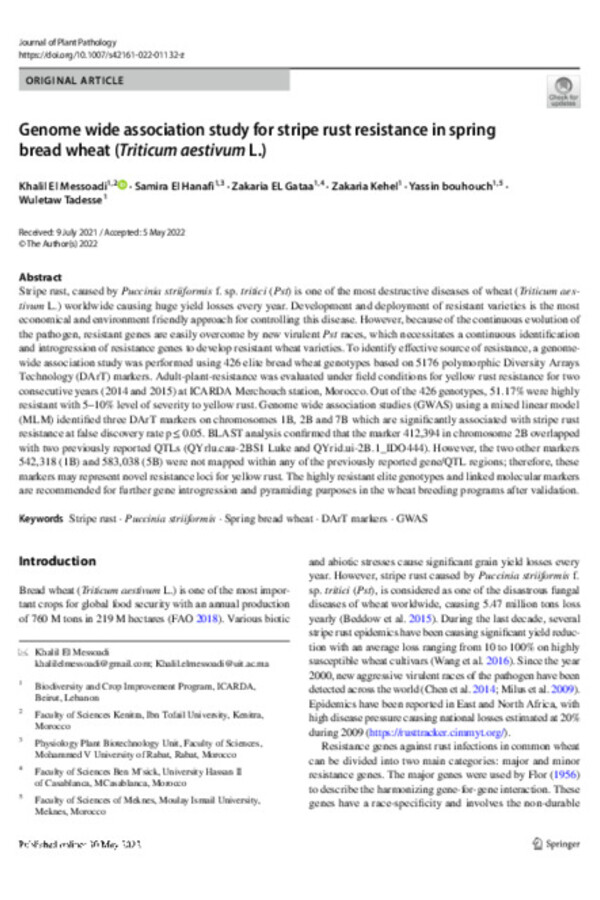 Genome wide association study for stripe rust resistance in spring bread wheat (Triticum aestivum L.) Genome wide association study for stripe rust resistance in spring bread wheat (Triticum aestivum L.)